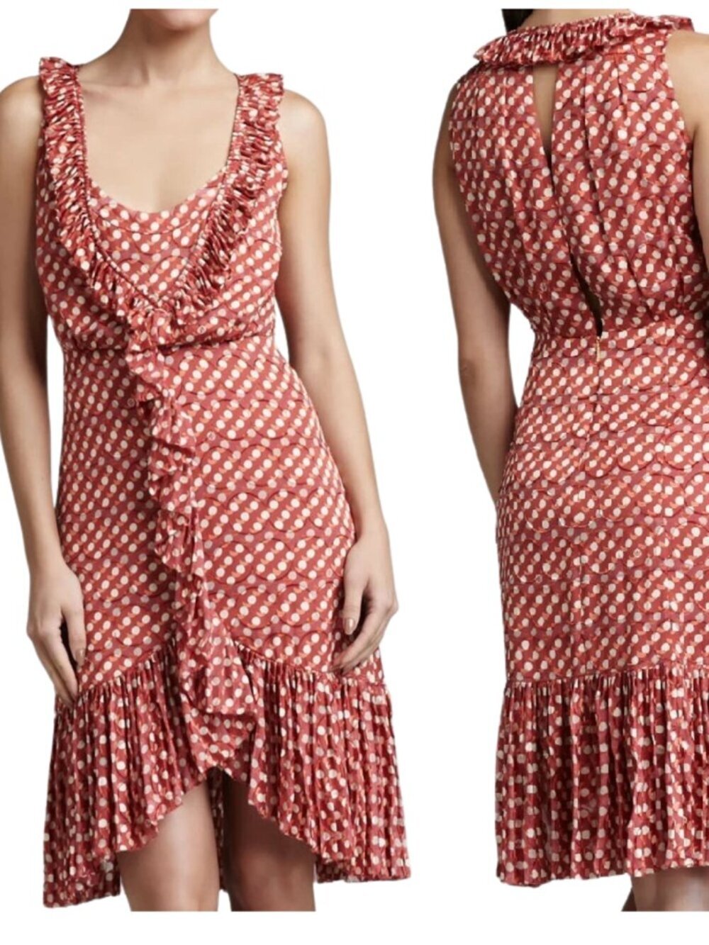 Tory Burch orange polka dot silk blend ruffle mini resort wear sleeveless
